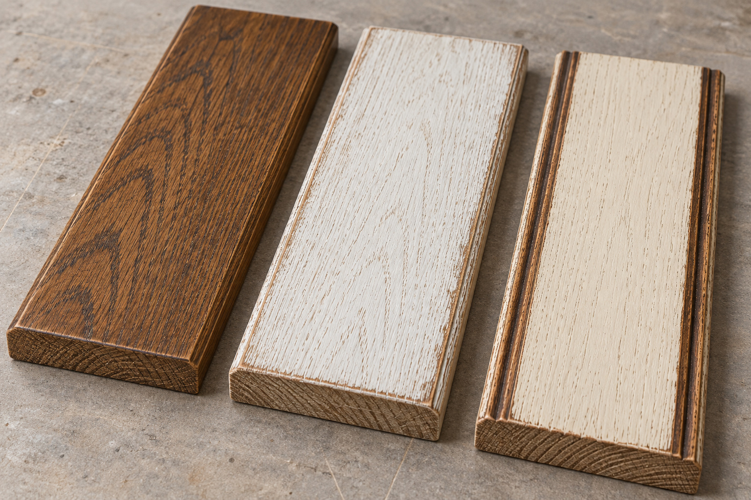 Three illustrative oak finish samples: translucent brown, softly worn cream paint, and brown glaze in a routed recess.